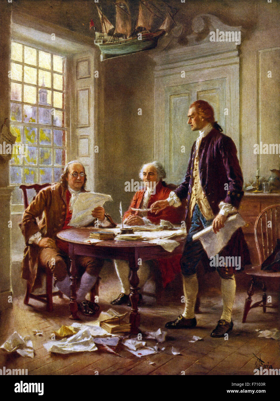 Jean Leon Gerome Ferris - The Committee of the US independence declaration. developed a draft of the Declaration of Independence. Thomas Jefferson, Benjamin Franklin, and John Adams at Benjamin Franklin in 1776 Stock Photo