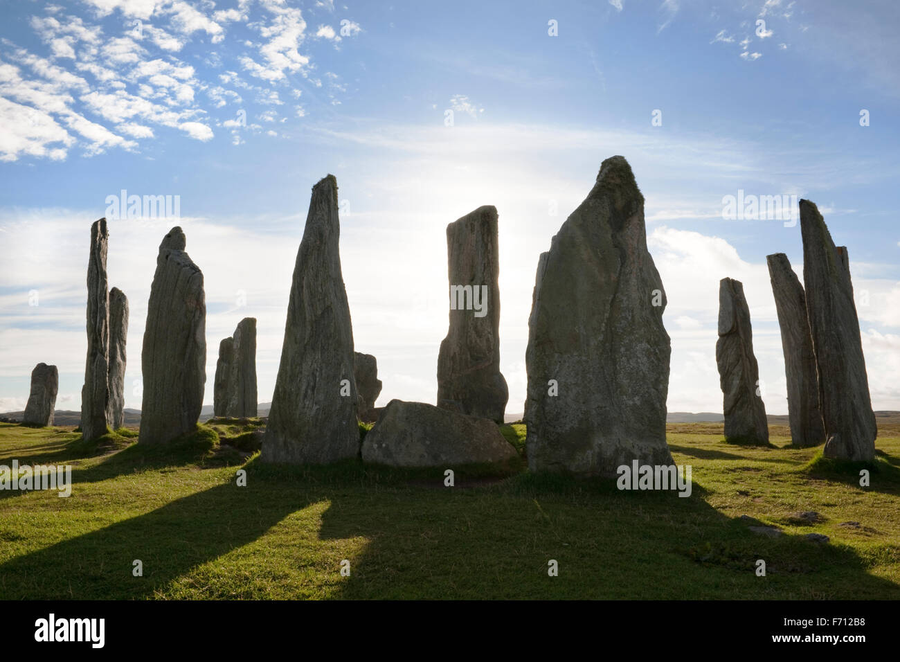Looking west at the centre of the Callanish (Calanais) Standing Stones prehistoric monument. Isle of Lewis, Scotland, UK Stock Photo