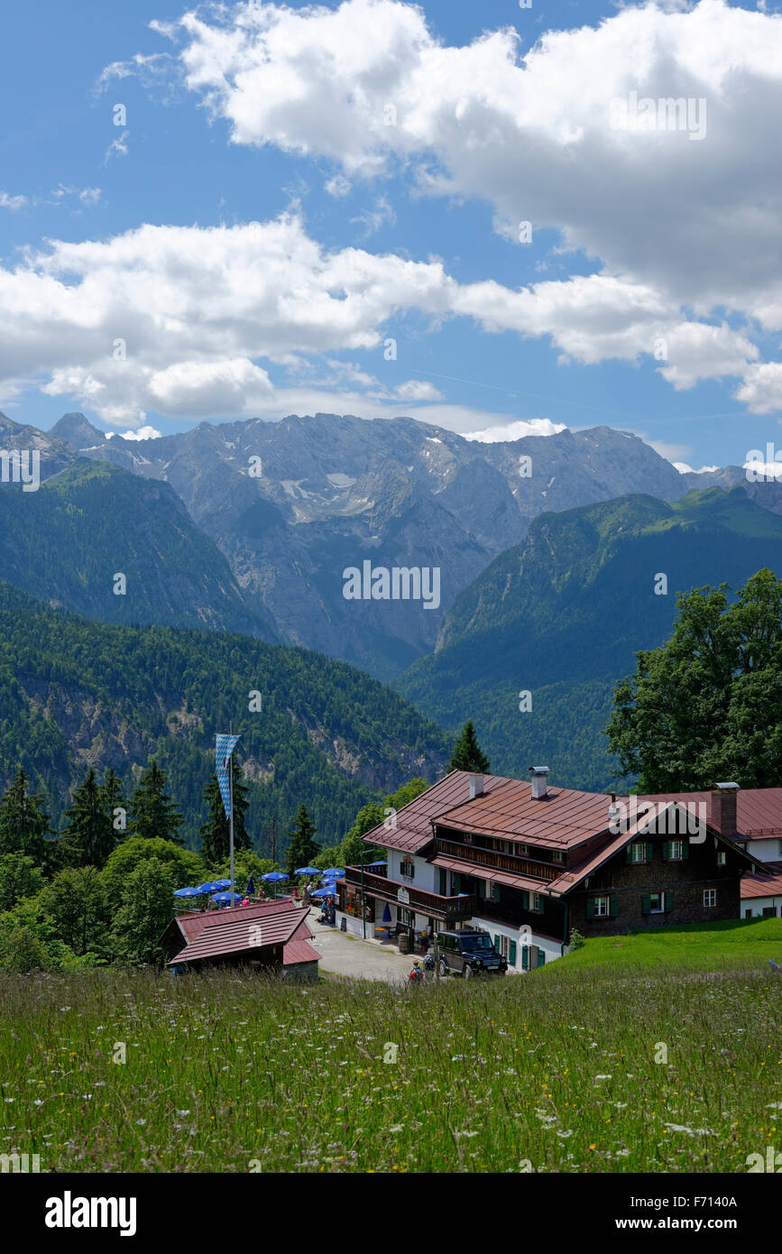 Berggasthaus Eckbauer, guesthouse, Wetterstein mountain range with Alpspitze and Zugspitze behind Stock Photo