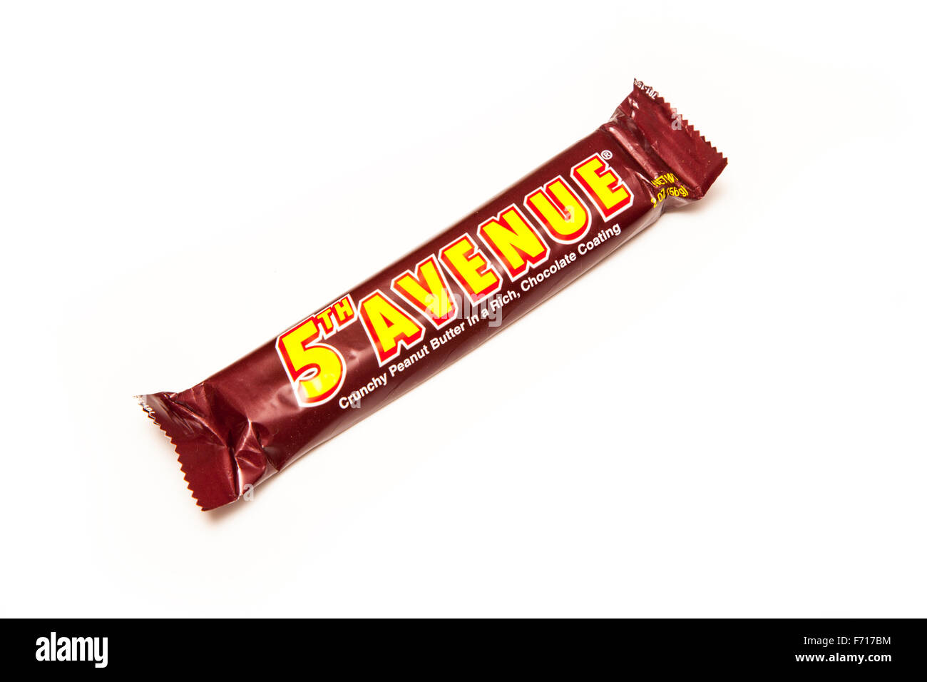 5th Avenue American candy or chocolate bar isolated on a white studio background. Stock Photo