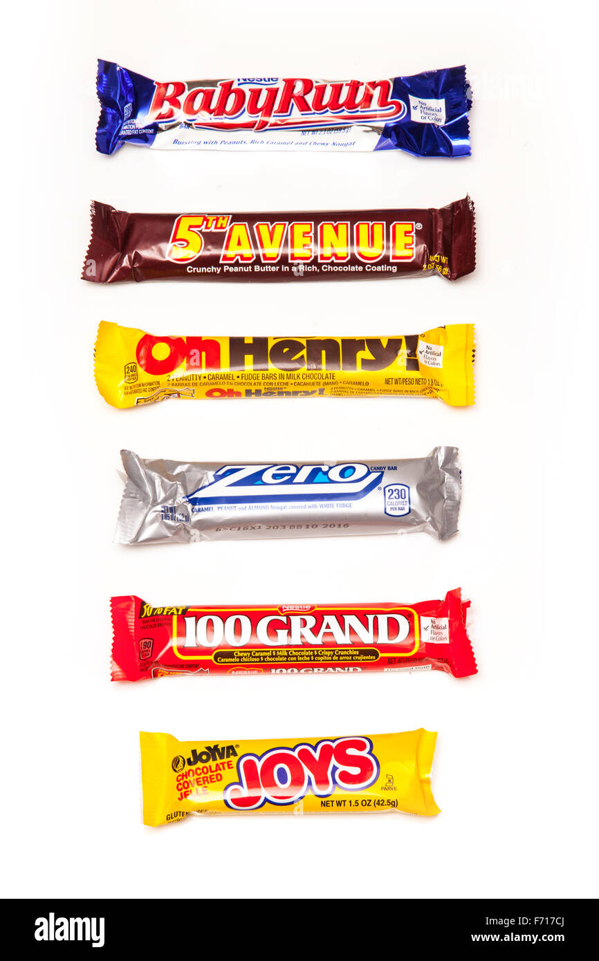 A selection of American Chocolate candy bars isolated on a white studio background. Stock Photo