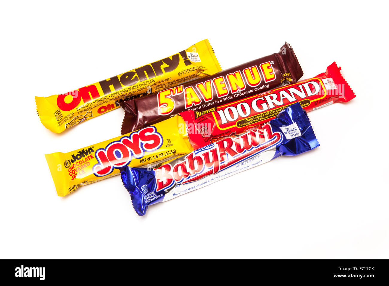 A selection of American Chocolate candy bars isolated on a white studio background Stock Photo