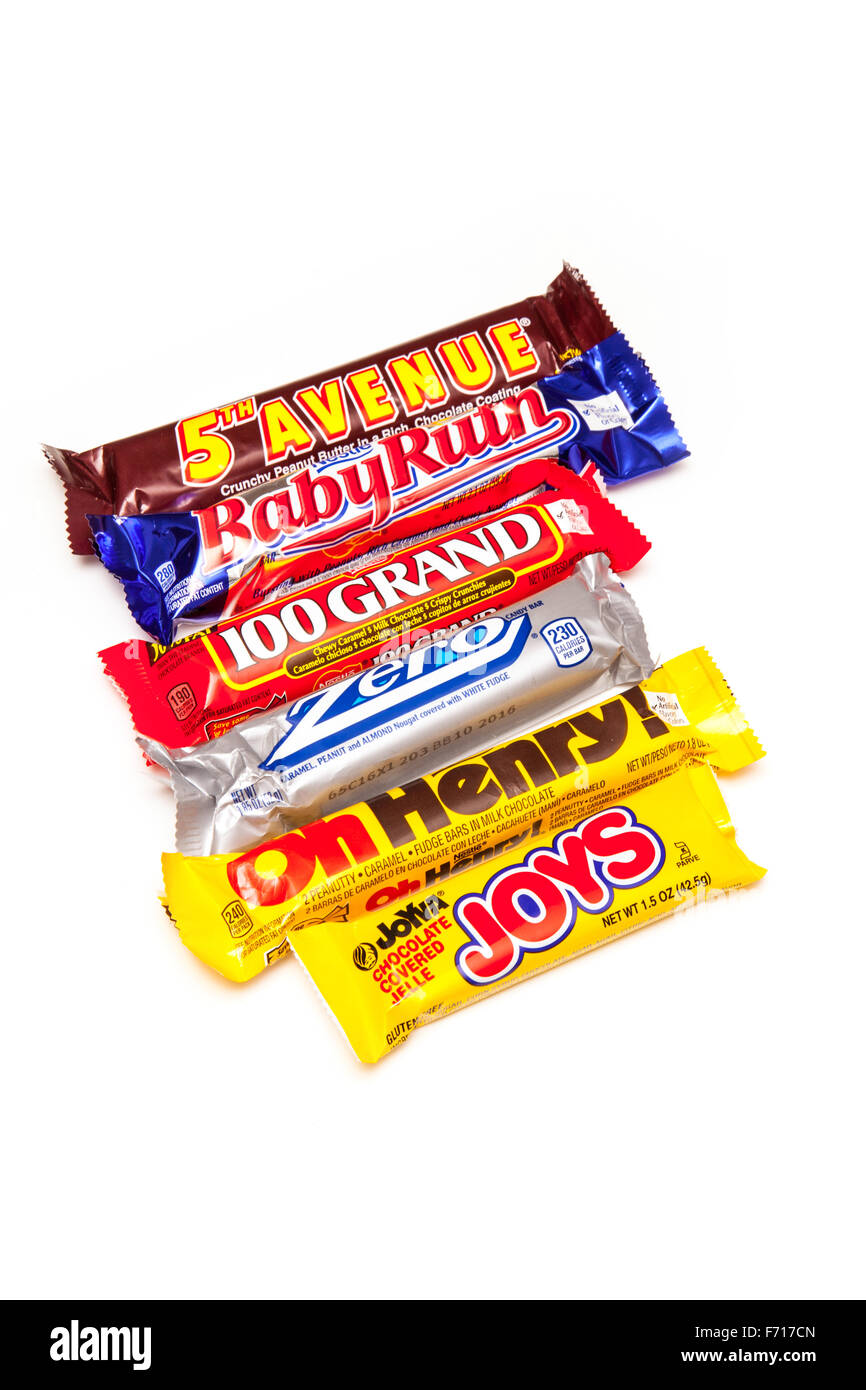 A selection of American Chocolate candy bars isolated on a white studio background. Stock Photo