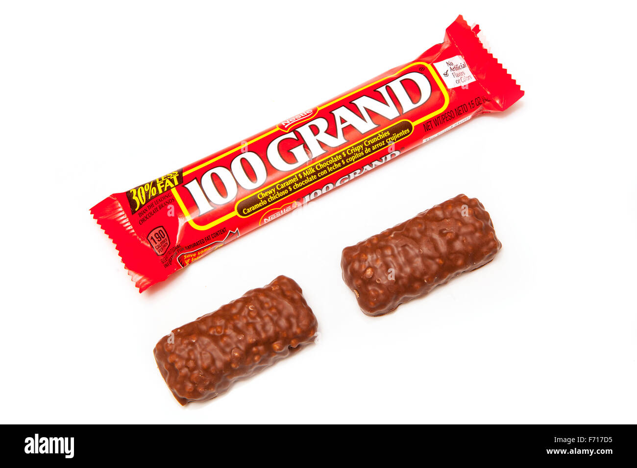 American candy a 100 Grand Bar, a chocolate bar made by Nestlé. Isolated on a white studio background. Stock Photo