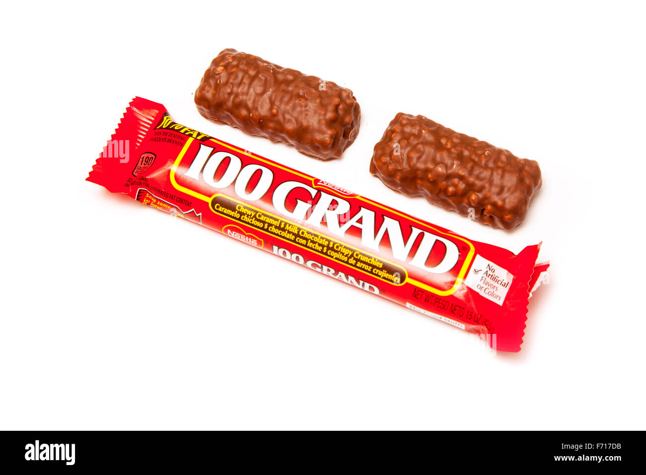 American candy a 100 Grand Bar, a chocolate bar made by Nestlé. Isolated on a white studio background. Stock Photo