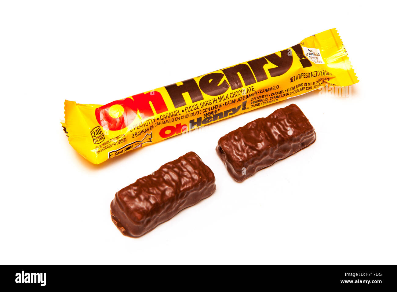 Oh Henry! a chocolate candy bar containing peanuts, caramel, and fudge coated in chocolate. Isolated on a white background. Stock Photo