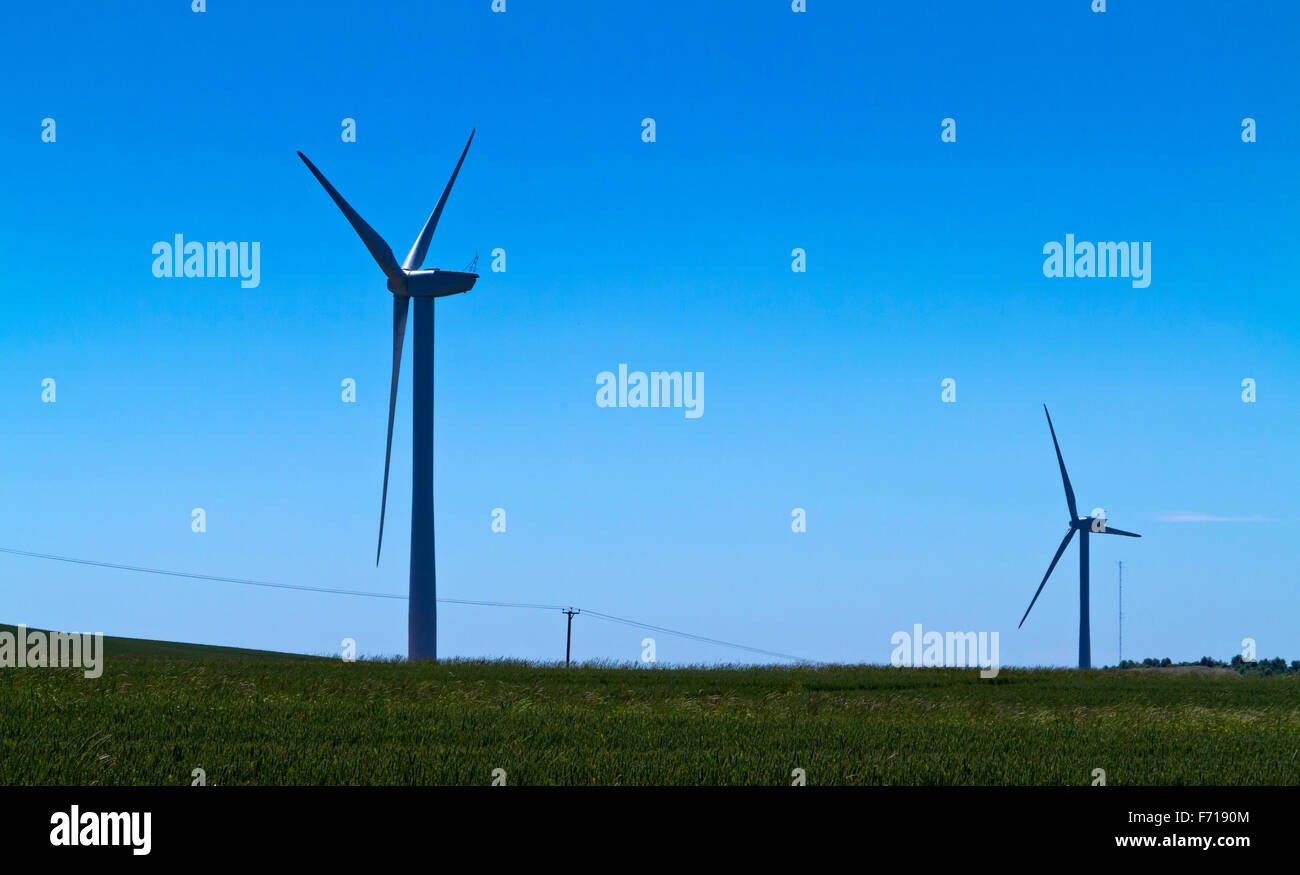Wind turbines photographed in summer with blue sky behind Stock Photo ...