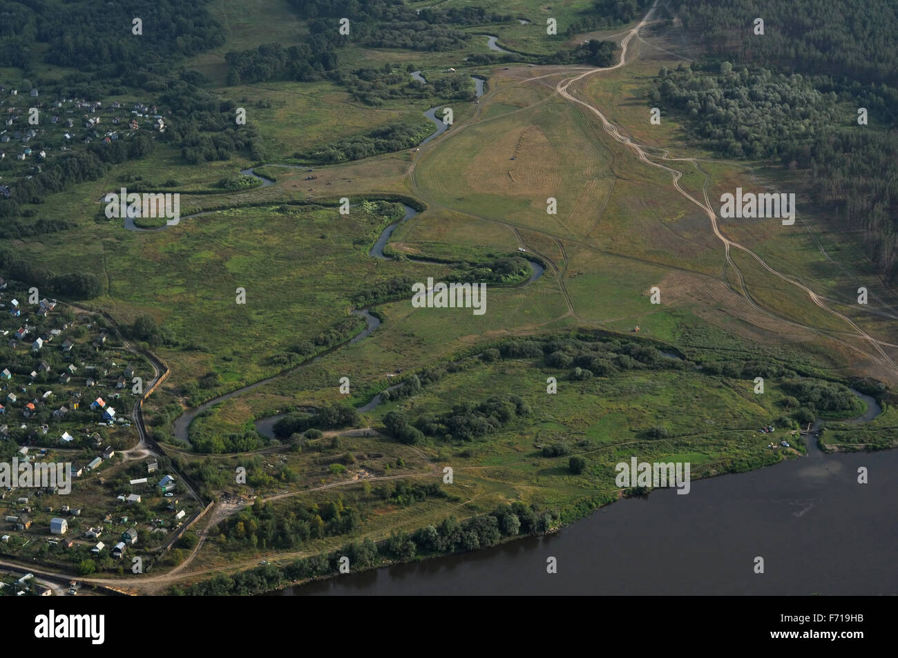 Neighborhoods of Kovrov from the air, river Nerekhta. Vladimir region, Russia Stock Photo