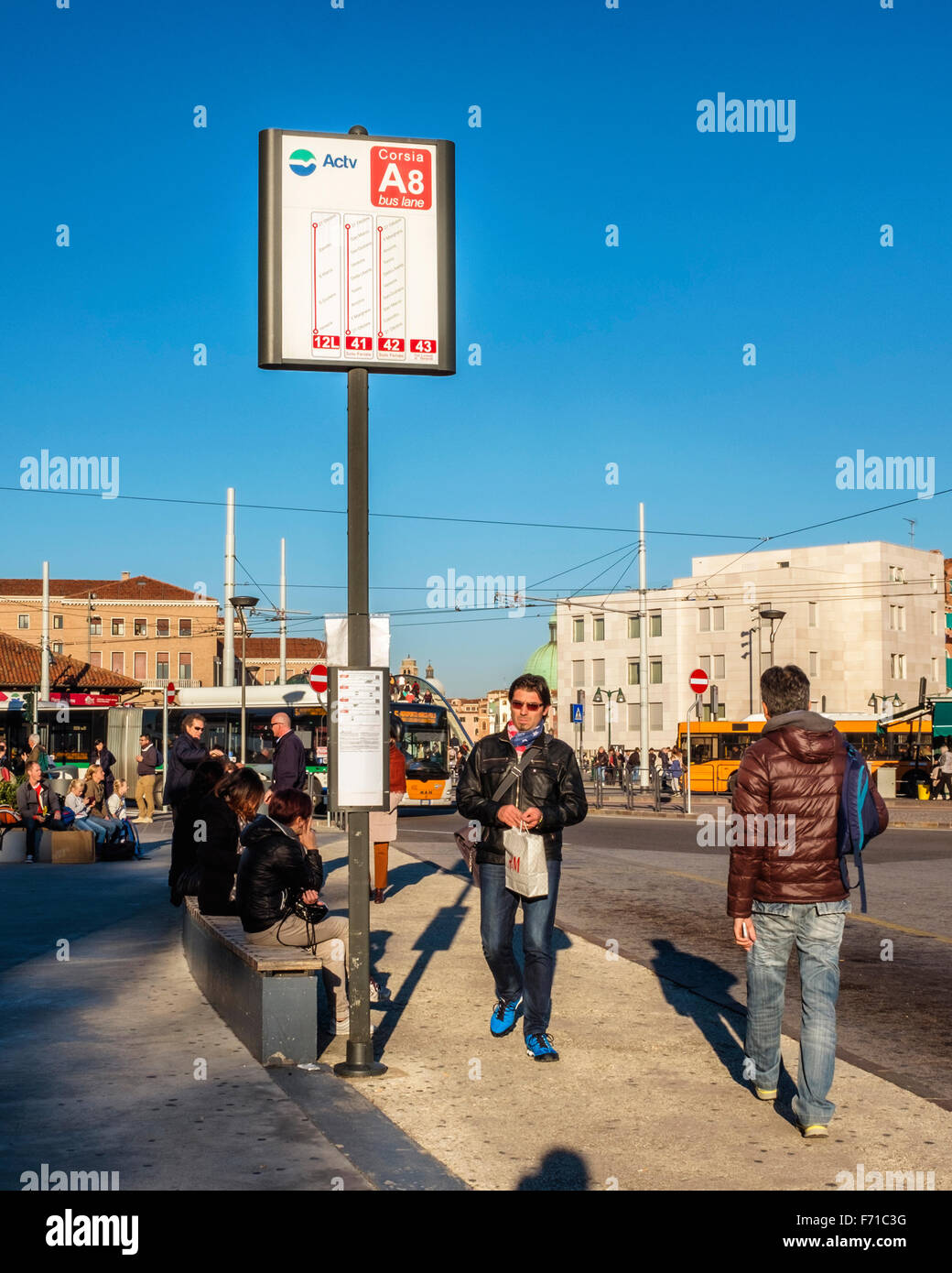 Venice, Italy. People waiting at the ACTV bus station at Piazzale Roma Stock Photo