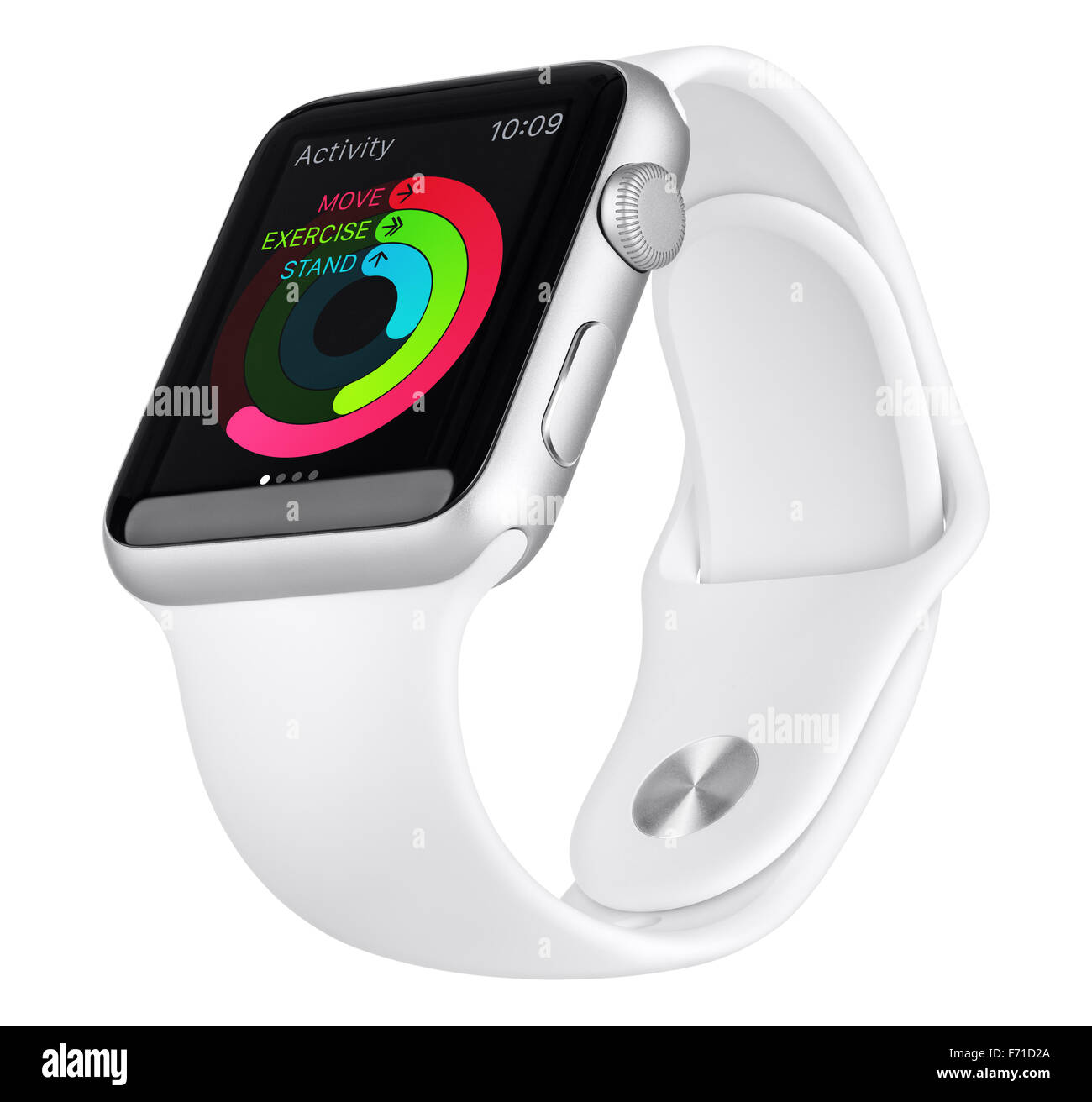 Varna, Bulgaria - October 18, 2015: Apple Watch Sport 42mm Silver Aluminum Case with White Sport Band with activity app. Stock Photo