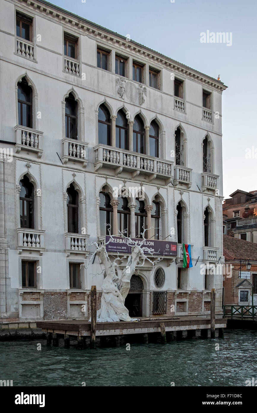 Italy, Venice, Grande Canale, Azerbaijan Pavilion in grand house with artwork tree titled 'Silence 2013' by Udo Rondinone Stock Photo