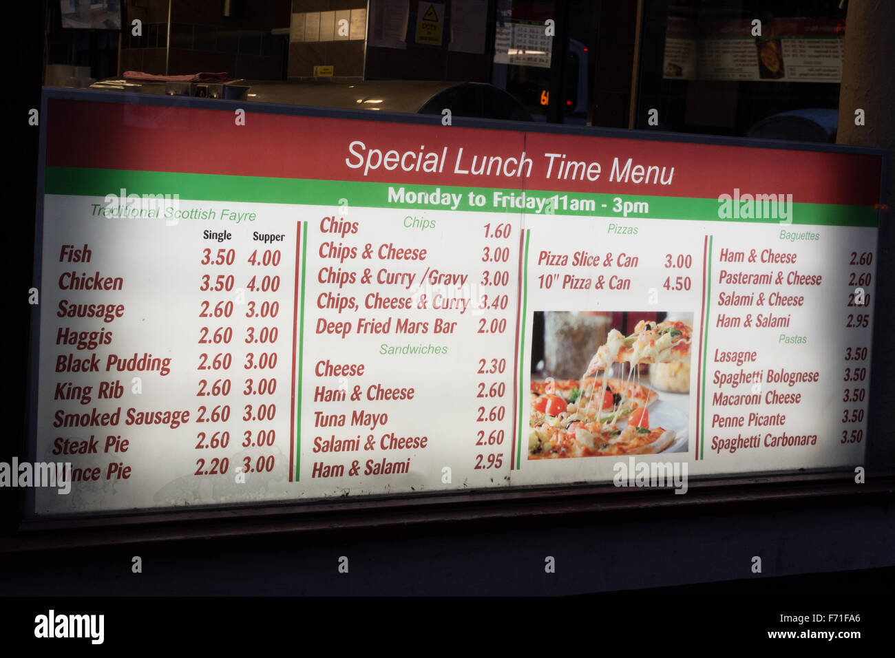 Scottish fast food menu in Glasgow city centre, Scotland, UK Stock Photo