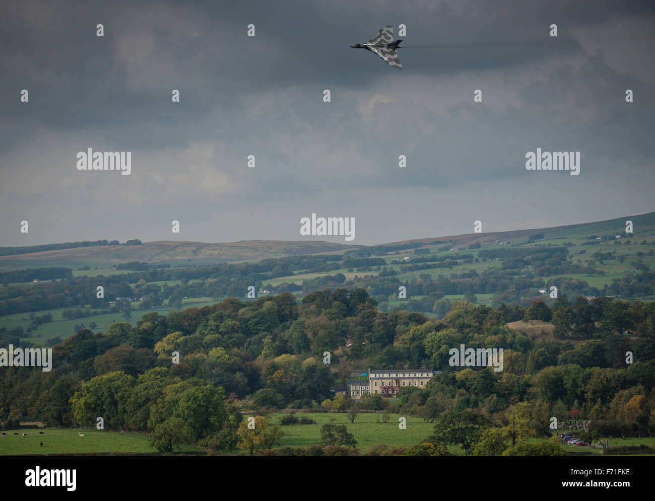 Vulcan bomber flying over the Ribble Valley. Stock Photo