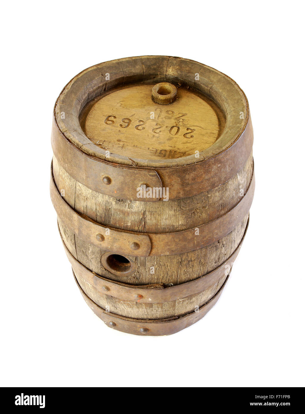 very old vintage oak wooden beer barrel in perfect condition isolated on white background Stock Photo