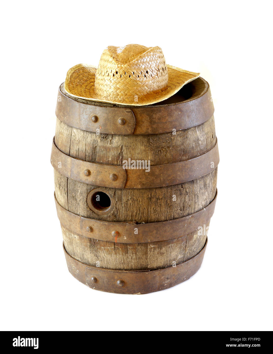 Diogenes of Sinope and barrel metaphor representing very old vintage cask and straw hat Stock Photo