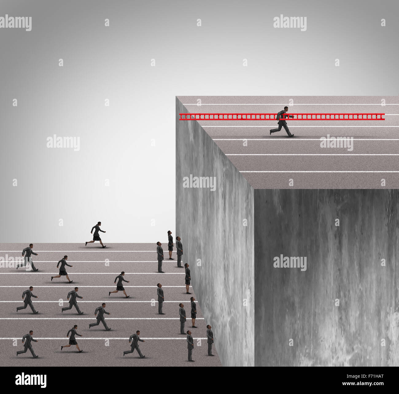 Business innovation advantage concept as a group of businesspeople running into a high wall obstacle with one clever competitive businessman using a ladder to climb and carrying the tool with him to deny the competition of opportunity. Stock Photo