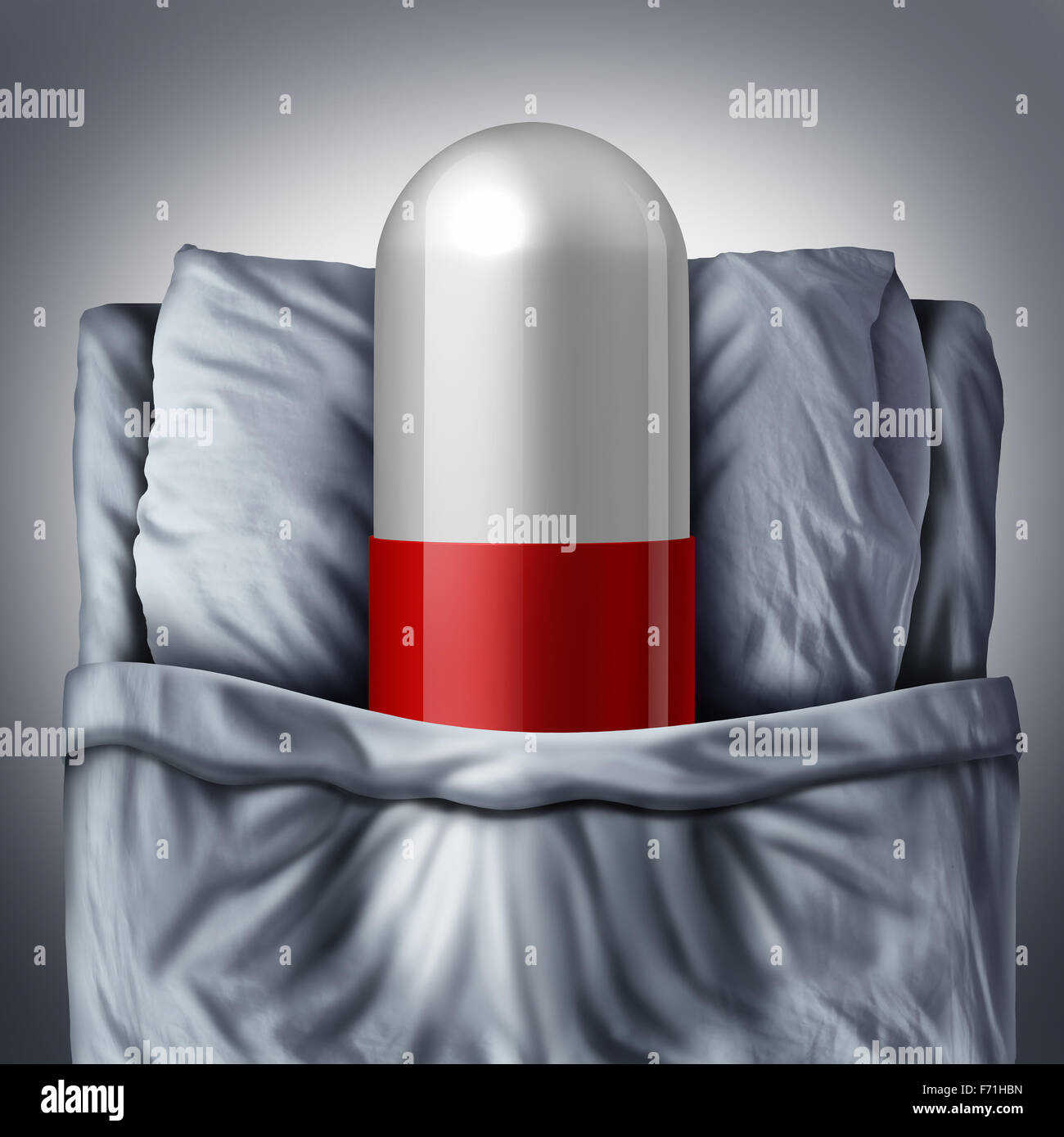 Sleeping pill concept and prescription drugs as a treatment solution for insomnia to help you get sleep as a giant pill getting Stock Photo
