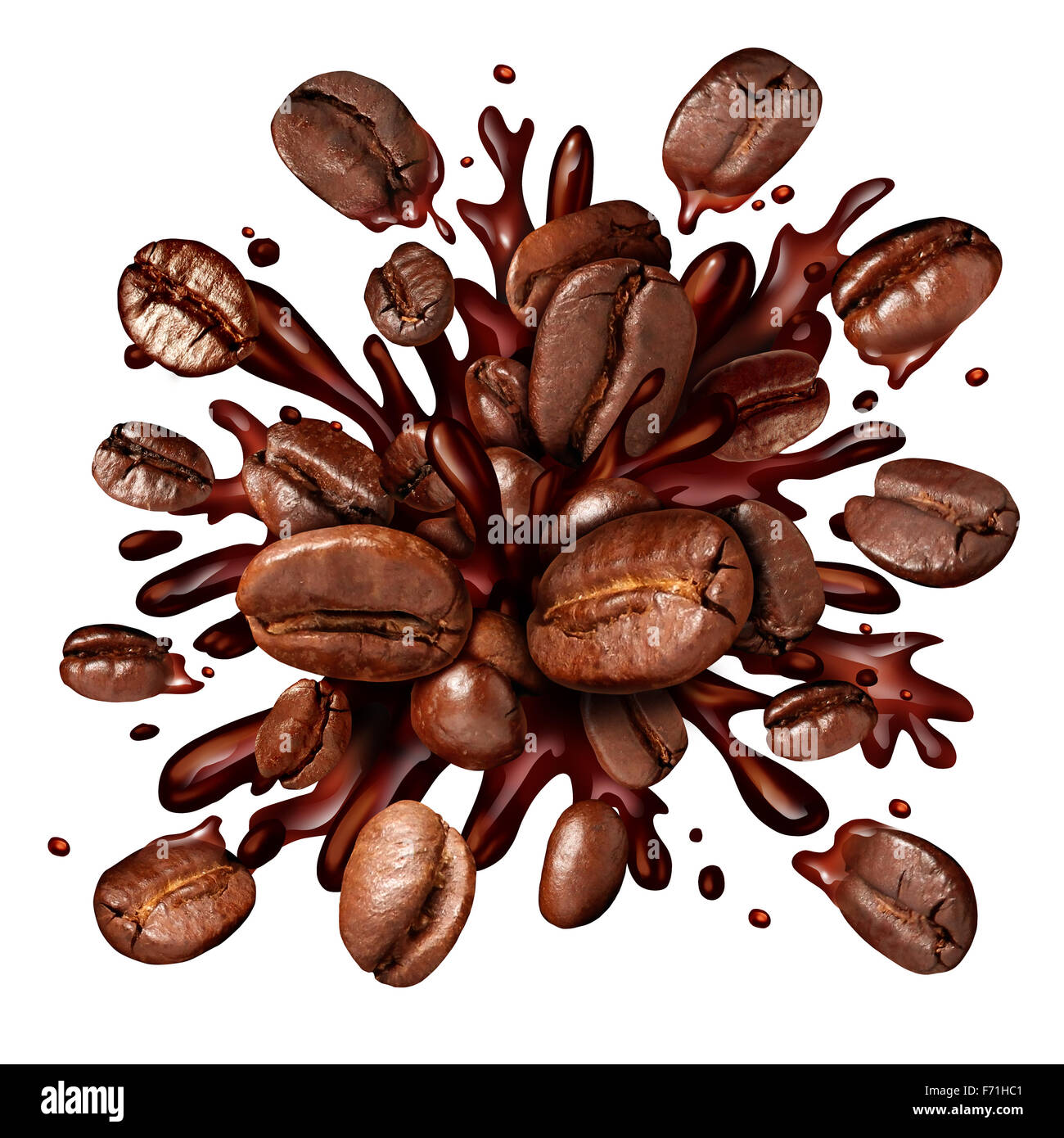 Coffee splash with coffee beans flying out as a dark roast brew with splashing fresh hot brewed liquid as a symbol for a breakfast drink isolated on a white background. Stock Photo