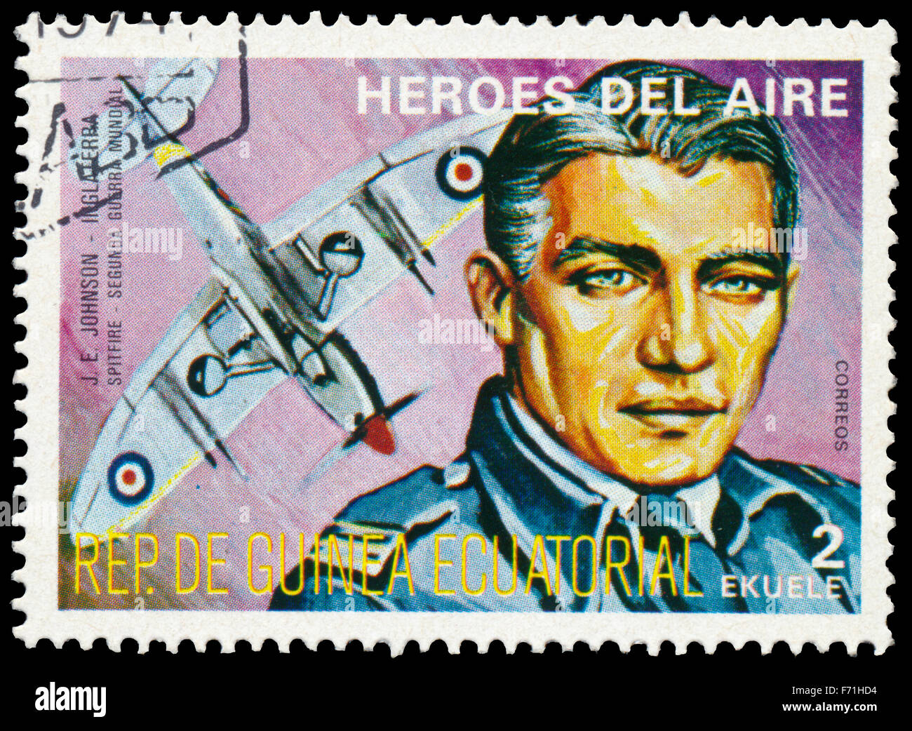 EQUATORIAL GUINEA - CIRCA 1977: a stamp printed in Equatorial Guinea shows Johnnie Johnson, british pilot Stock Photo