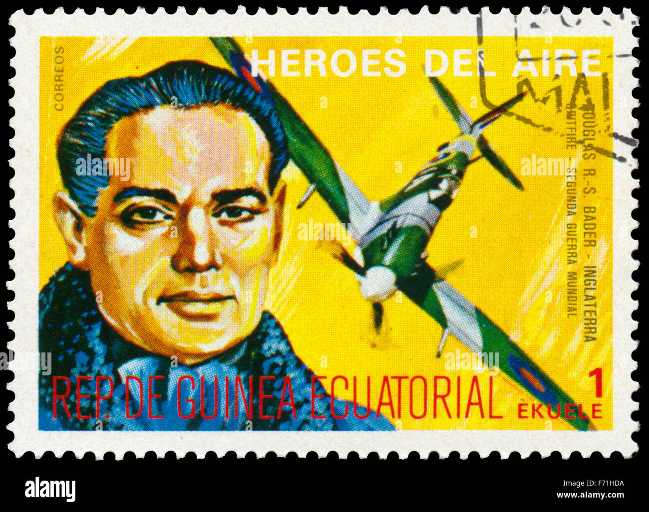 EQUATORIAL GUINEA - CIRCA 1977: a stamp printed in Equatorial Guinea shows Douglas Bader, british pilot Stock Photo