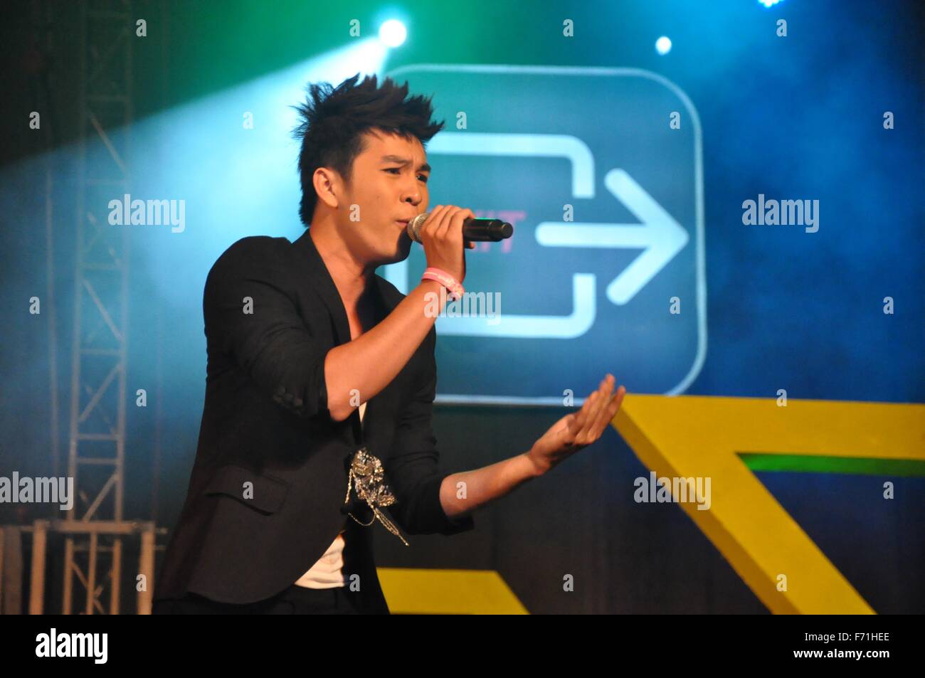 Vietnamese pop singer Hoang Hai performs during the MTV EXIT concert and campaign against human trafficking at QK7 Stadium April 17, 2010 in Ho Chi Minh City, Vietnam. Stock Photo
