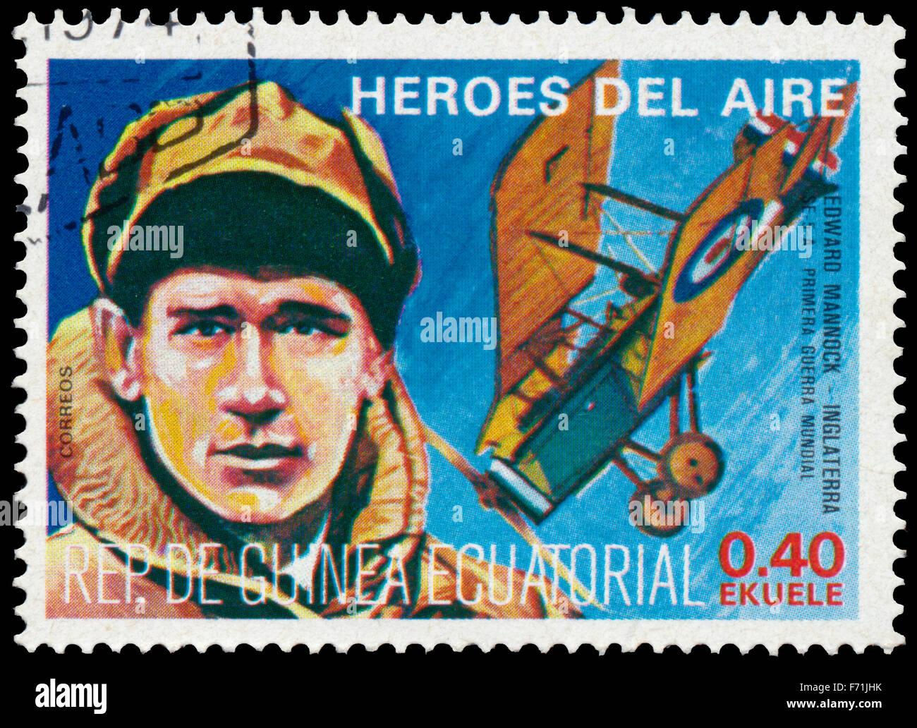 EQUATORIAL GUINEA - CIRCA 1977: a stamp printed in Equatorial Guinea shows Edward Mannock, british pilot Stock Photo