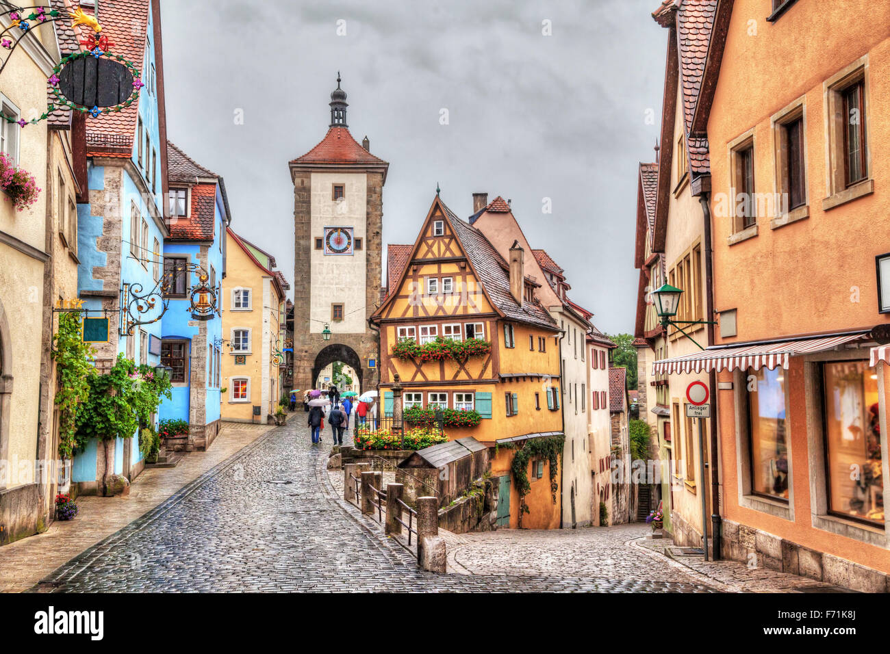 Picturesque view of medieval town Rothenburg ob der Tauber in rainy weather with HDR effect, Bavaria, Germany Stock Photo