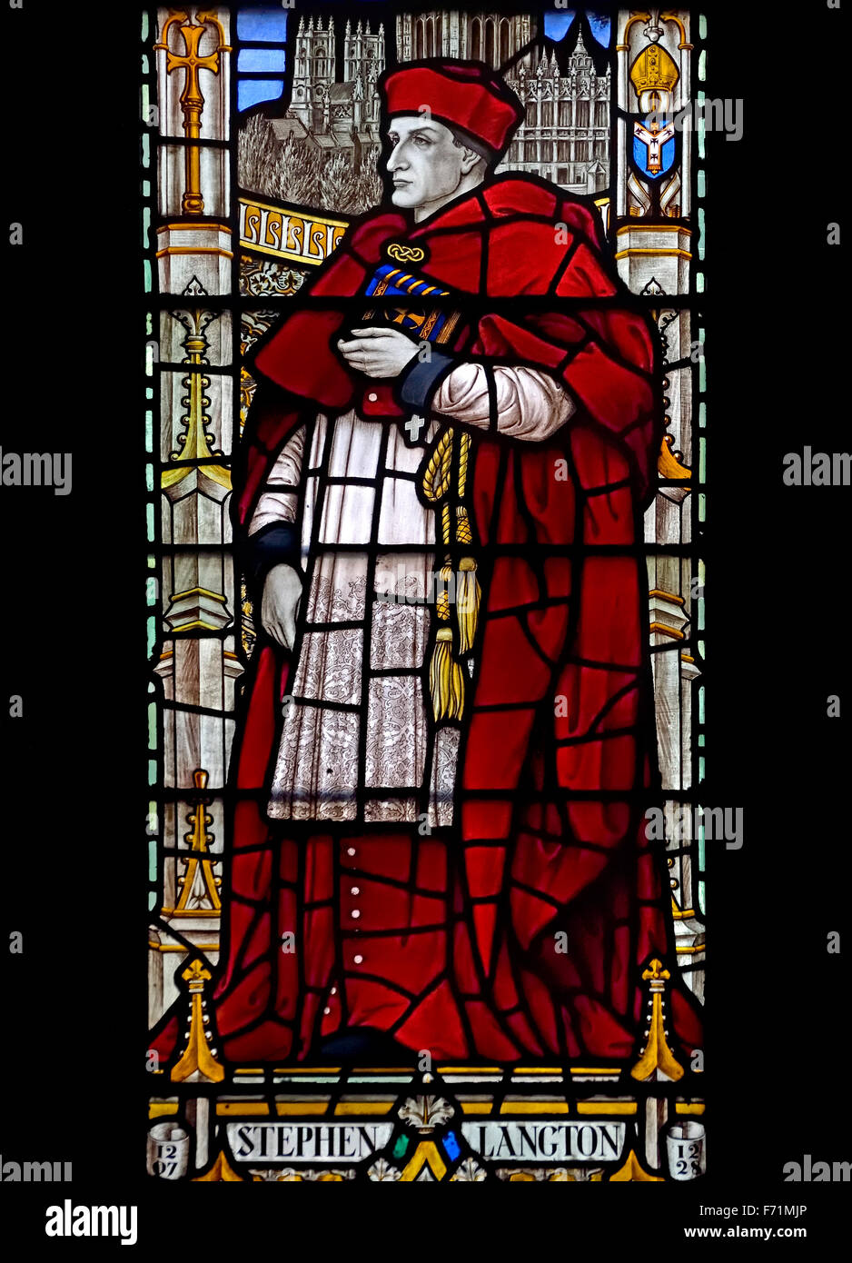 London, England, UK. Guild Church of St Dunstan in the West, Fleet Street. Stained Glass Window: Stephen Langton (1150-1228)... Stock Photo