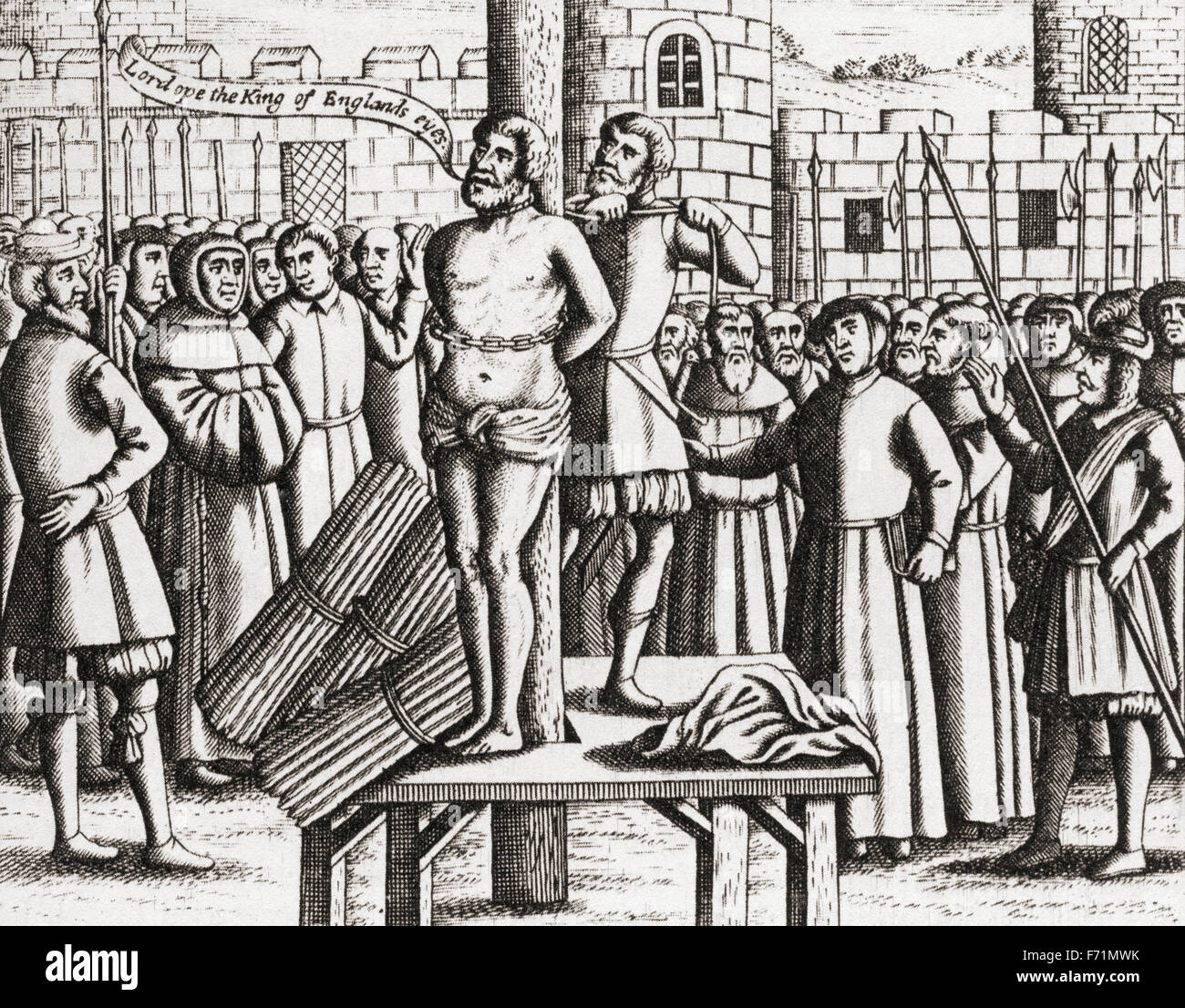 The martyrdom of William Tyndale at Vilvoorde Castle, Brussels in 1536. William Tyndale, also spelled Tynsdale, Tindall, Tindill, Tyndall c. 1494–1536. English scholar who became a leading figure in Protestant reform. After an engraving in Foxe's Acts and Monuments of Martyrs, 1684. Stock Photo