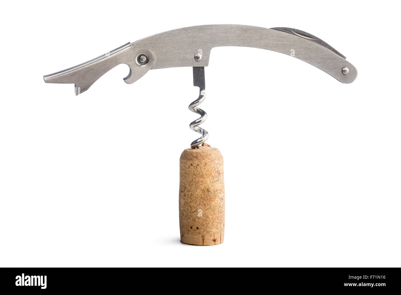 corkscrew inserted on cork on white background Stock Photo