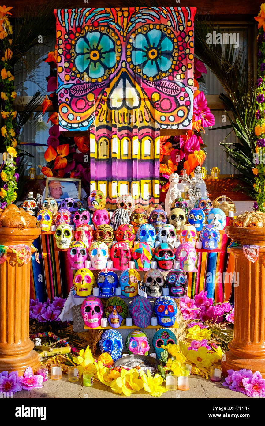 Alter of ceramic skulls to celebrate Halloween and the festival of death, Puerto Vallarta, Mexico Stock Photo