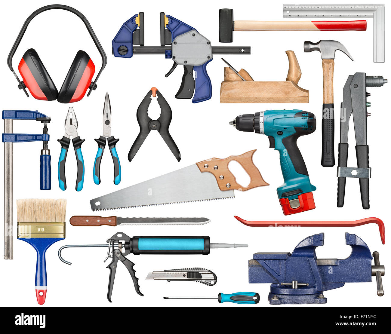 Set of various isolated hand tools for manual work. Stock Photo