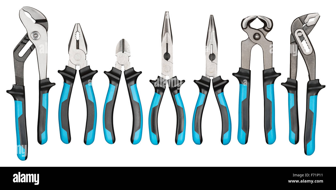 Various pliers, nippers set isolated on white. Tools related to
