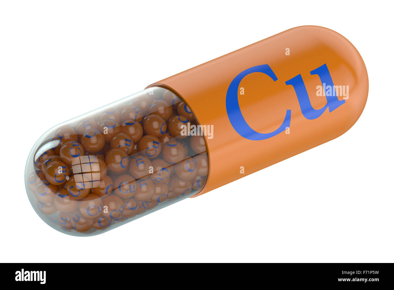 Capsule with copper Cu element isolated on white background Stock Photo