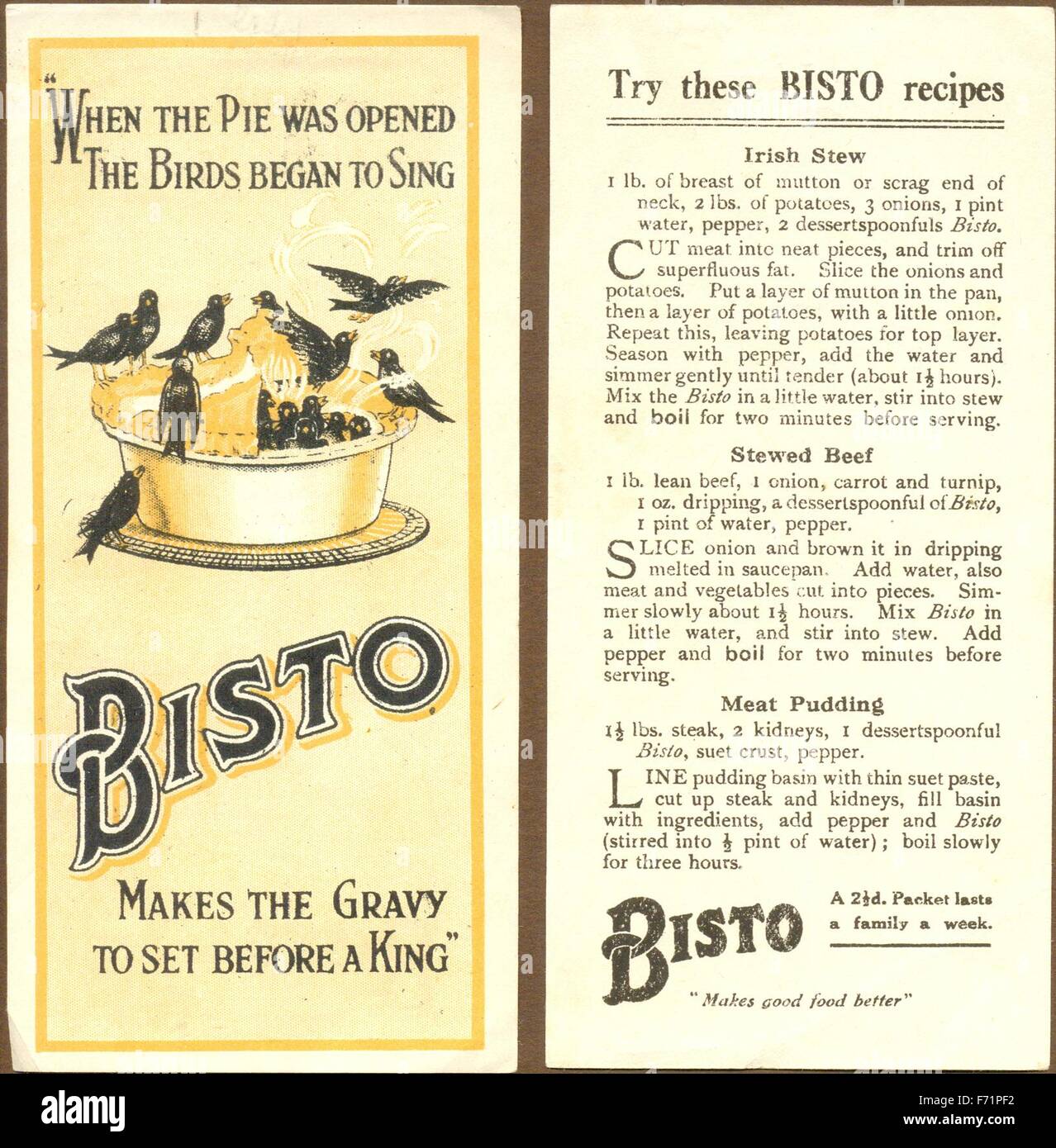 Both sides of advertising bookmark for Bisto Stock Photo