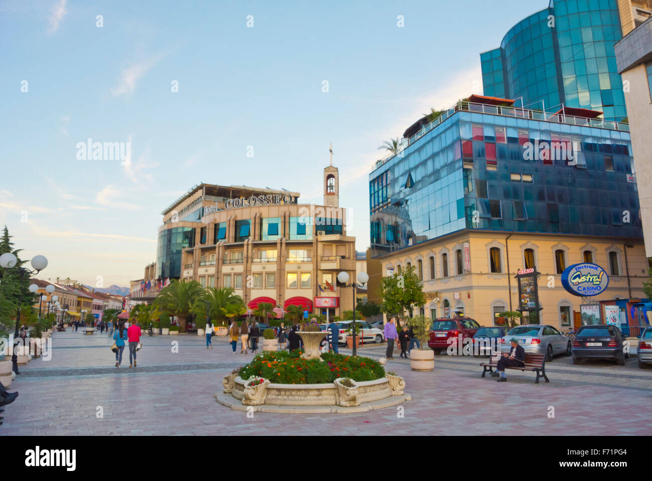 Rruga Kole Idromeno, business area of the pedestrian street, Shkoder, northwestern Albania Stock Photo