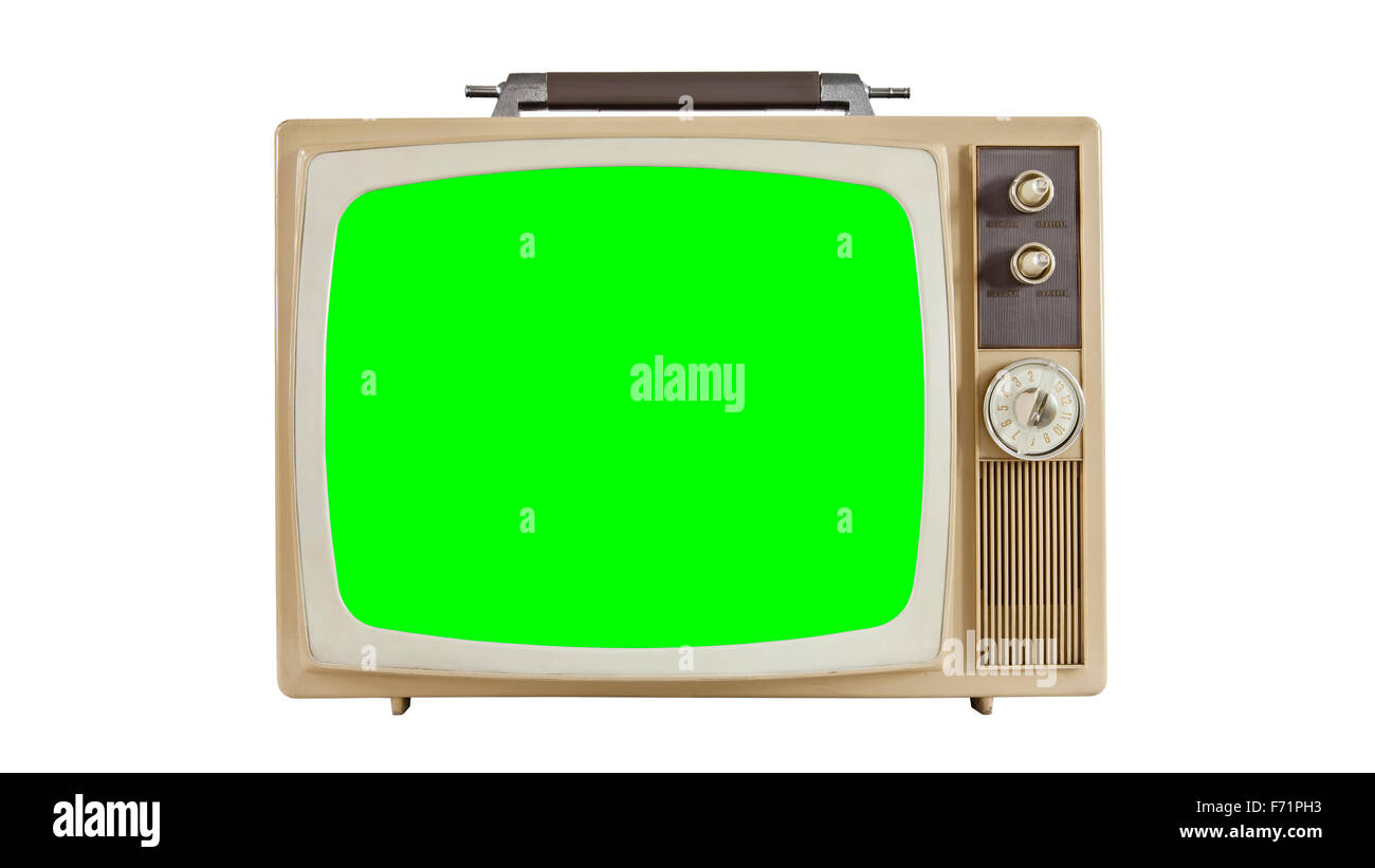 Vintage television on white with chroma key green screen.  Sized to 4096 x 2304 4k video dimension. Stock Photo