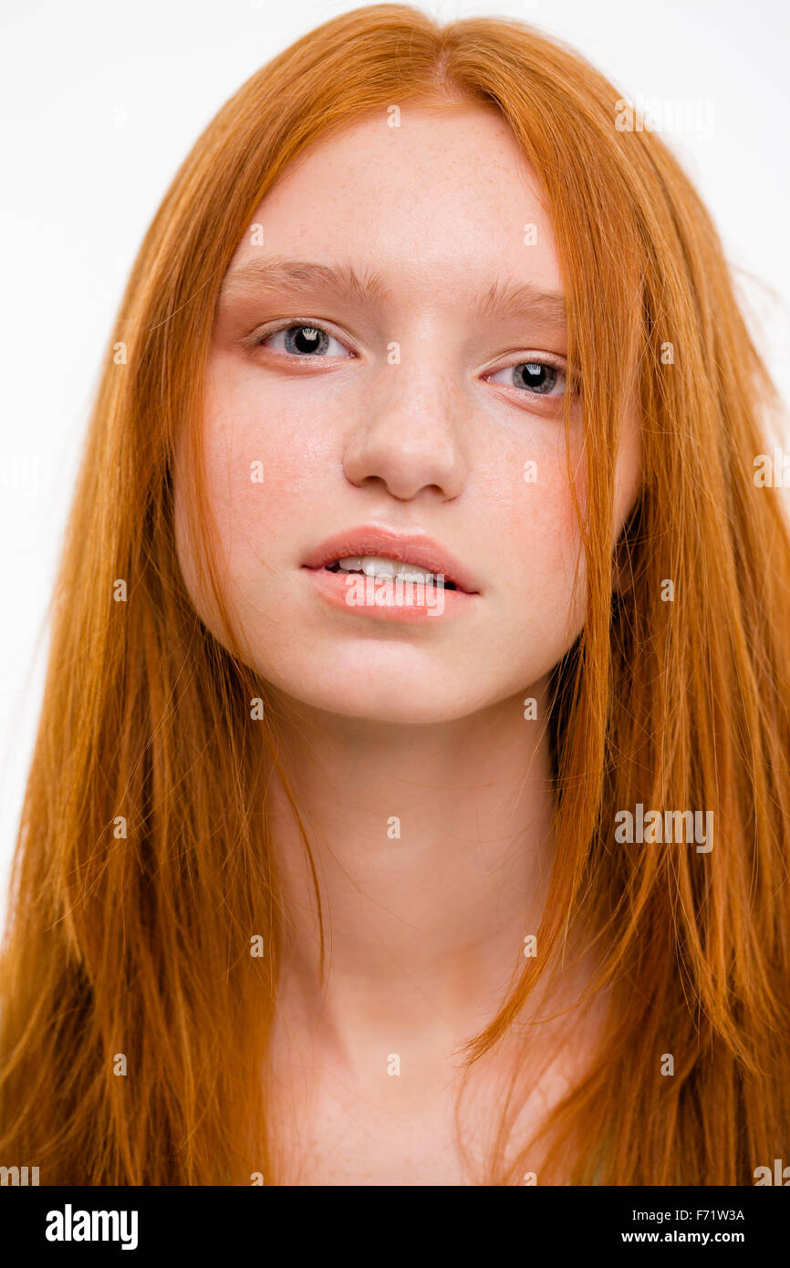 Closeup Portrait Of Sensual Tender Cute Beautiful Natural Young Redhead Woman On White 