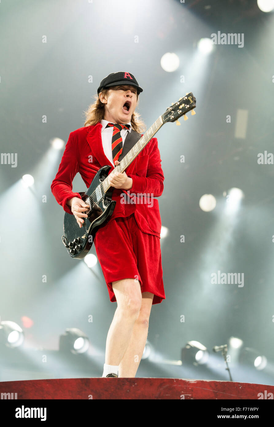 Musician Angus Young of AC/DC performs at Hampden Park National Stadium on June 28, 2015 in Glasgow, United Kingdom Stock Photo