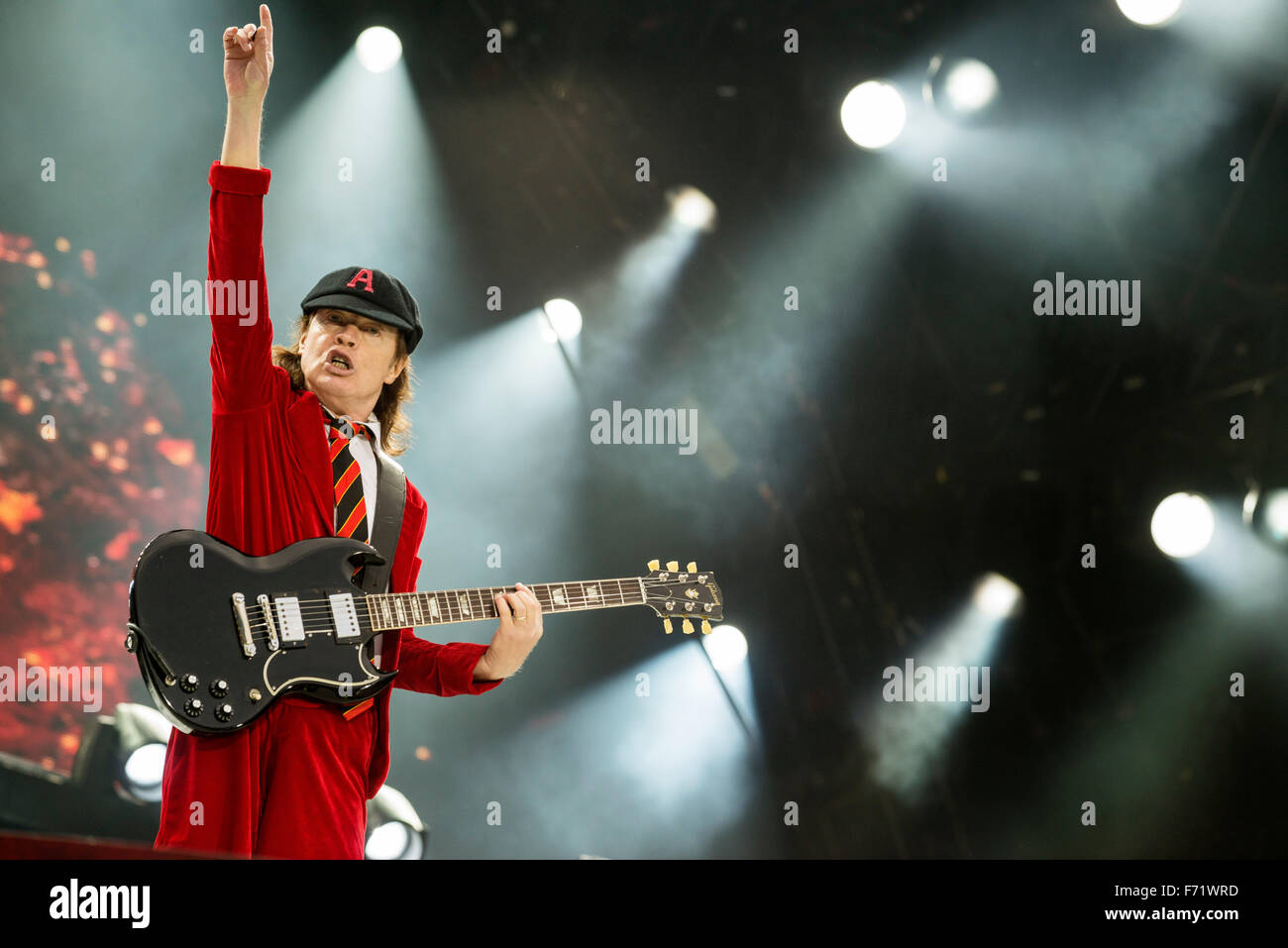 Musician Angus Young of AC/DC performs at Hampden Park National Stadium on June 28, 2015 in Glasgow, United Kingdom Stock Photo