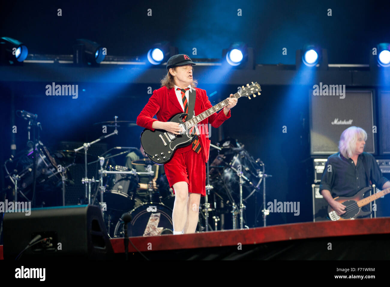 Musician Angus Young of AC/DC performs at Hampden Park National Stadium on June 28, 2015 in Glasgow, United Kingdom Stock Photo