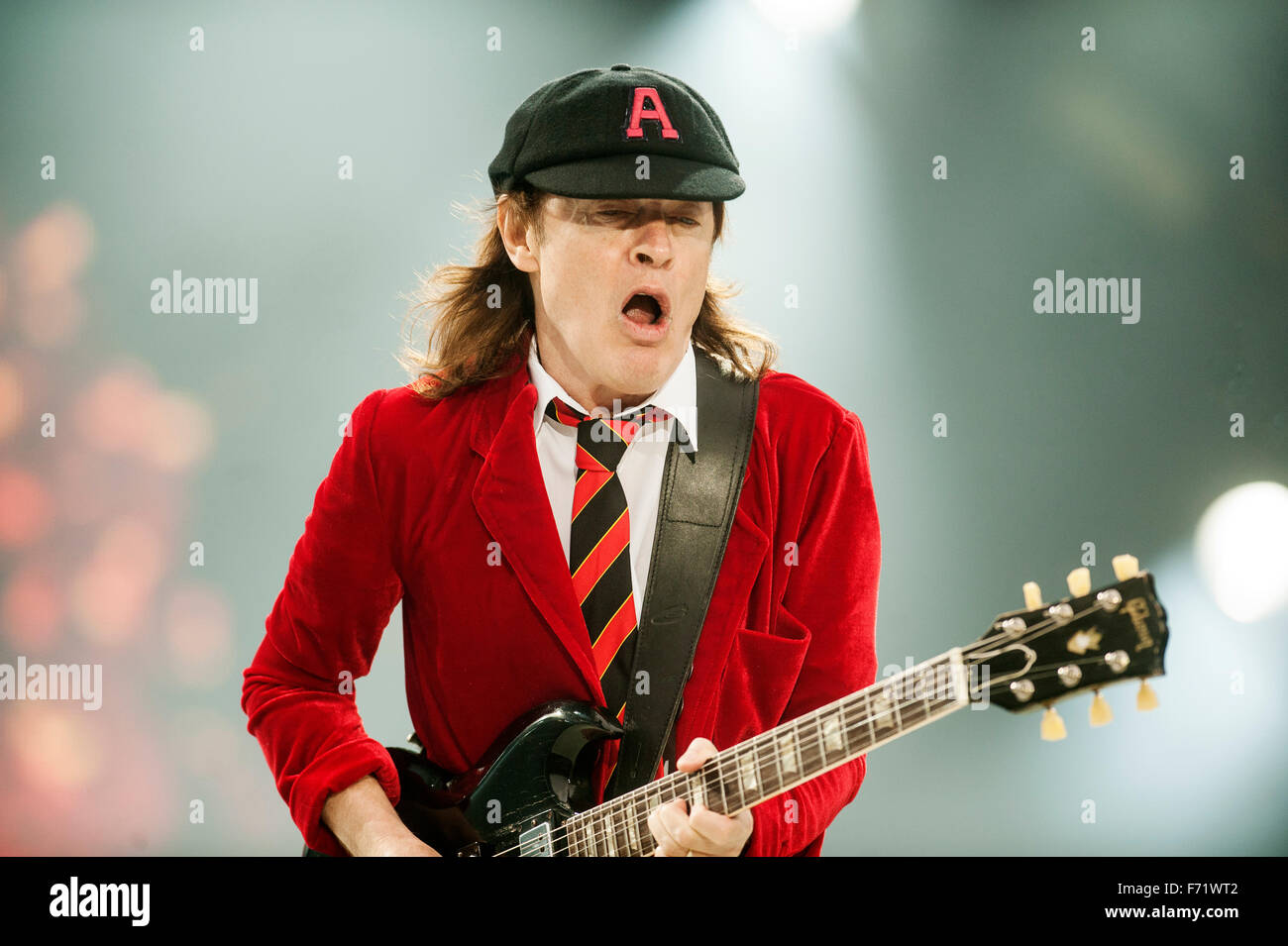 Musician Angus Young of AC/DC performs at Hampden Park National Stadium on June 28, 2015 in Glasgow, United Kingdom Stock Photo