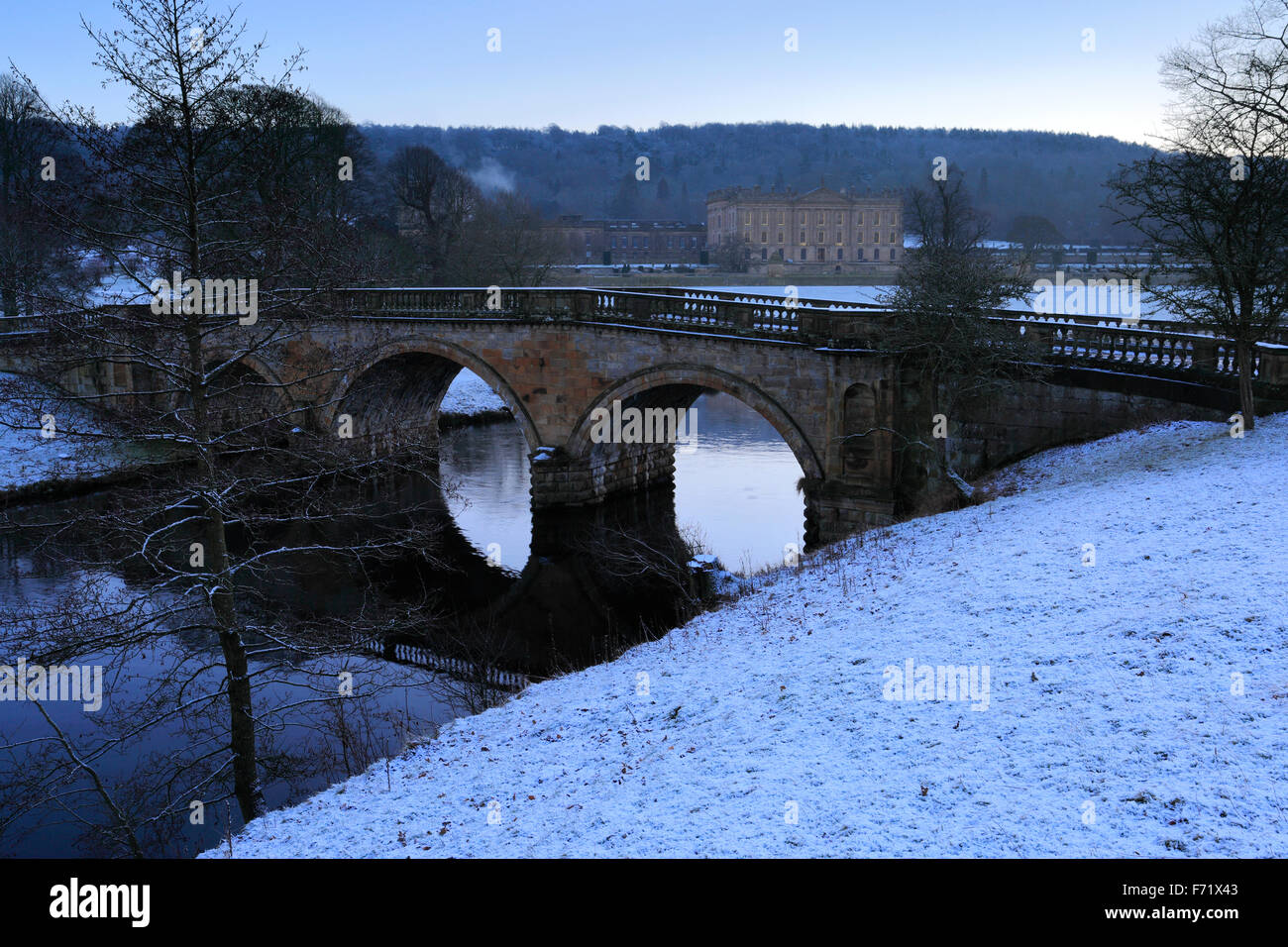 Chatsworth House at night, river Derwent, home of Duke of Devonshire