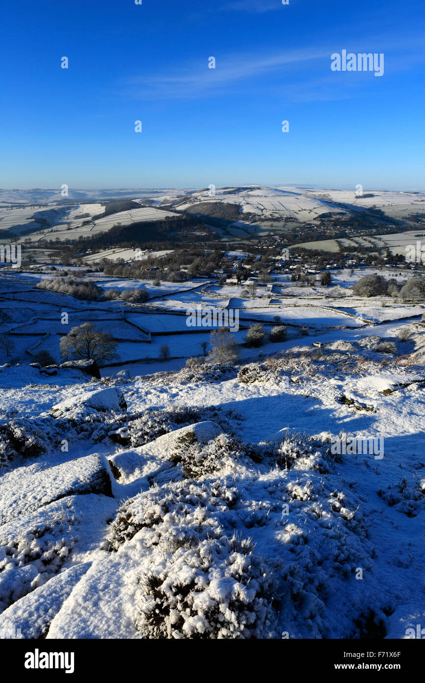 January, winter snow view over Baslow Edge; Derbyshire County; Peak ...