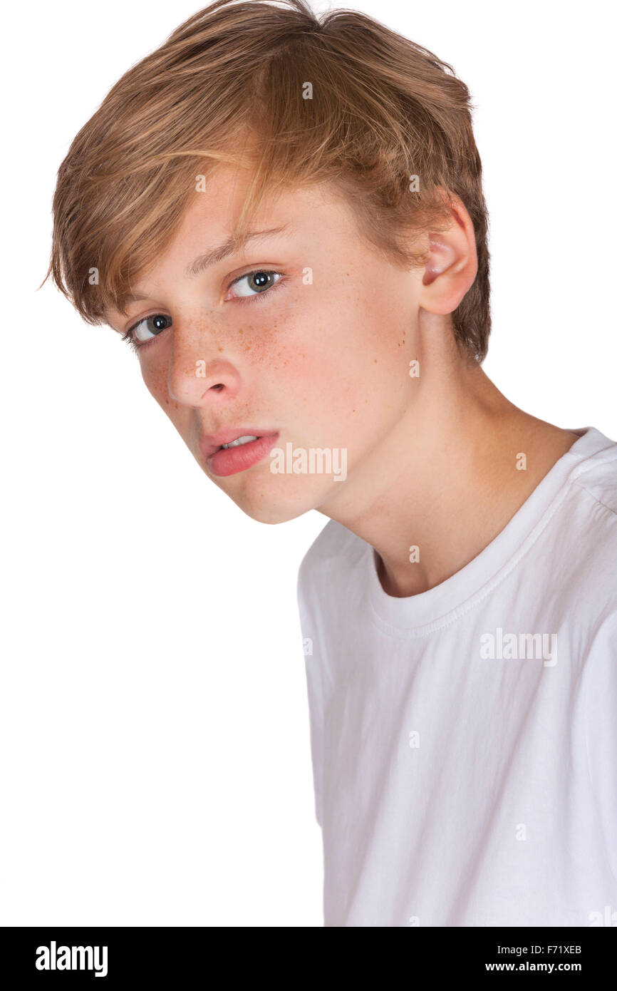 Studio Cut Out Portrait of Teenage Boy Child in White T-shirt Stock Photo