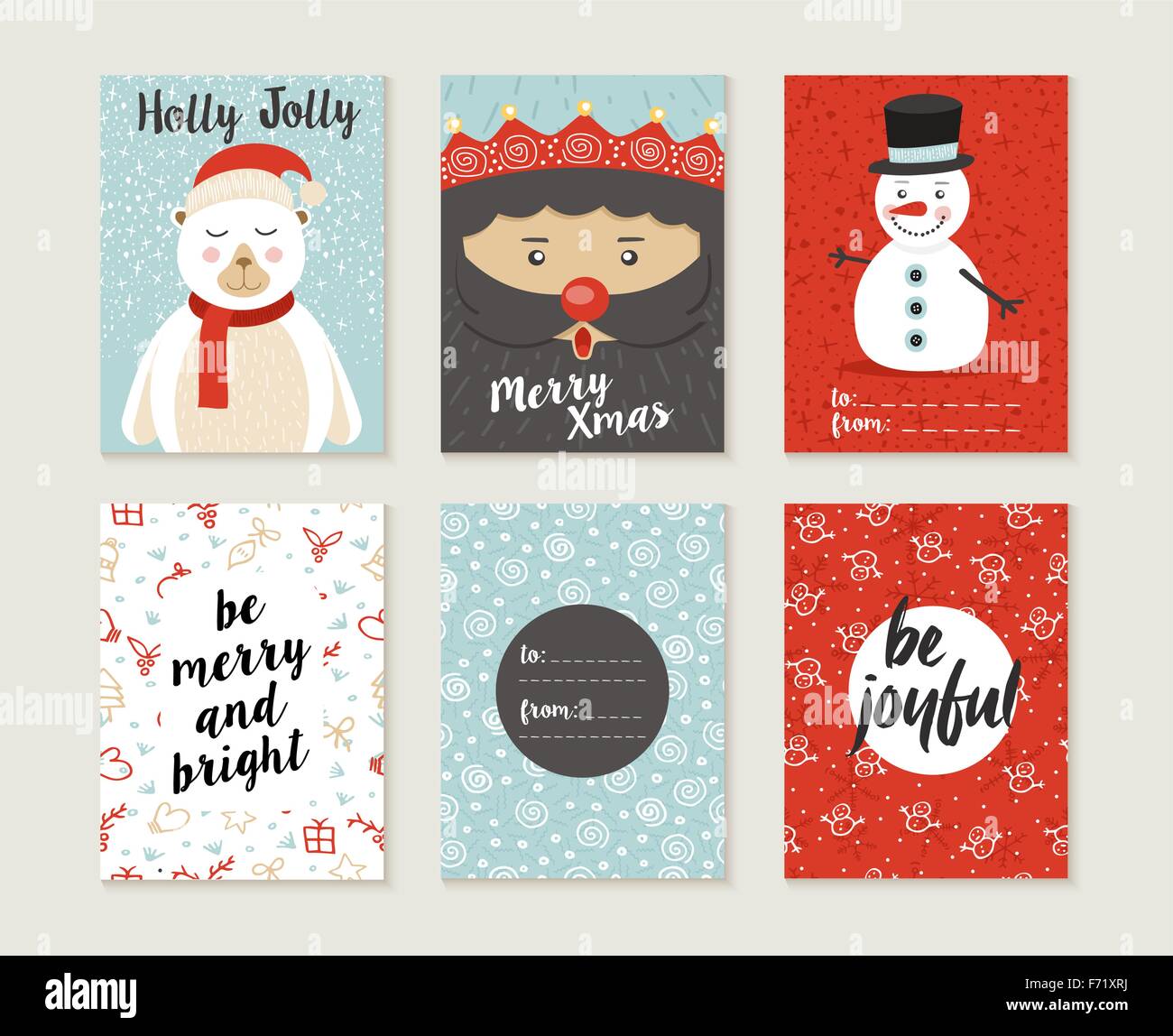 Merry Christmas greeting card set with cute polar bear, santa elf and snowman retro designs. Includes holiday themed patterns Stock Vector