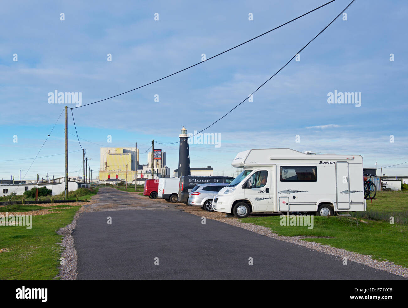 Motorhome parked at Dungeness, with nuclear power station in background