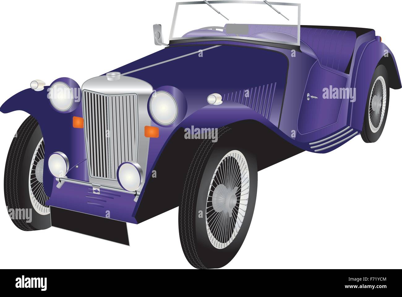 A detailed illustration of a Purple Vintage Sports Car with polished chrome fittings and wire spoked tires isolated on white Stock Vector