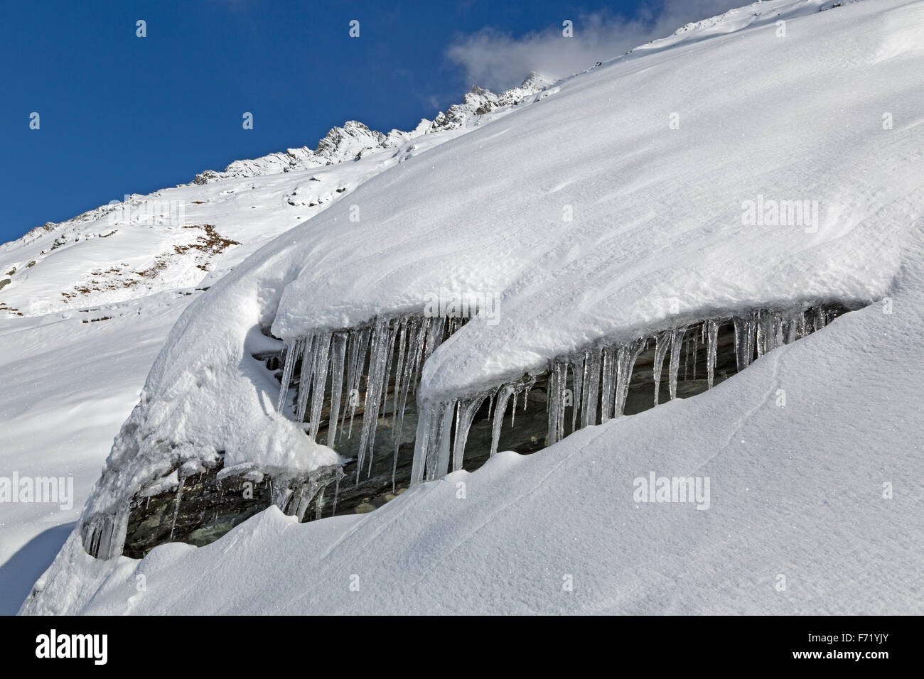 Icicle on a mountain face, High Tauern National Park, Austria, Europe Stock Photo