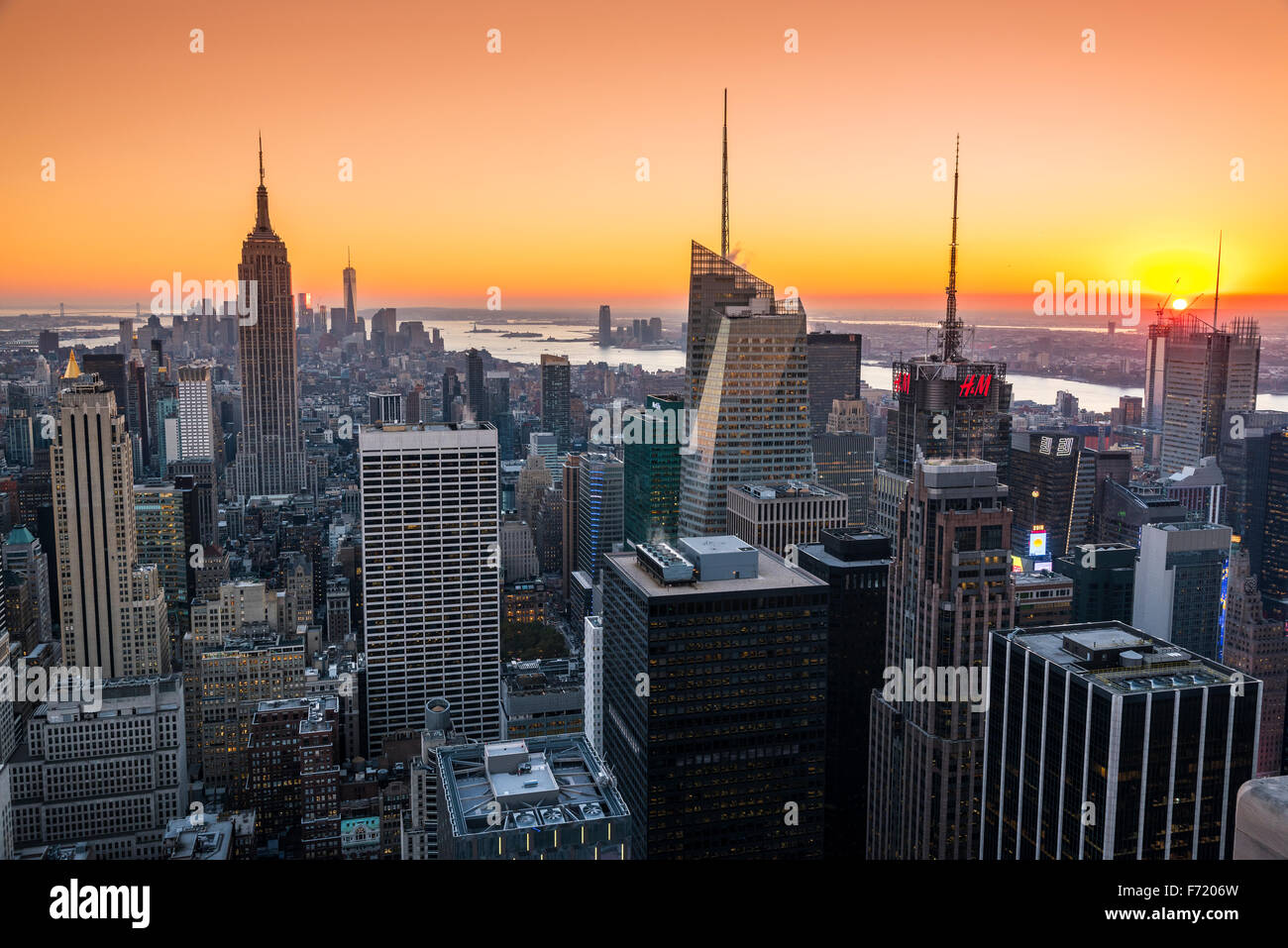 Midtown Manhattan skyline at sunset, New York, USA Stock Photo